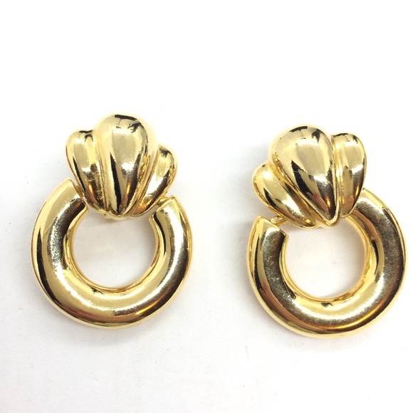 VINTAGE 80S DOOR KNOCKER CLIP ON HOOP EARRINGS GOLD TONE RUNWAY - Picture 6 of 12